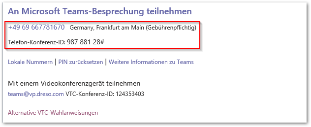Rufnummer in Einladungsmail